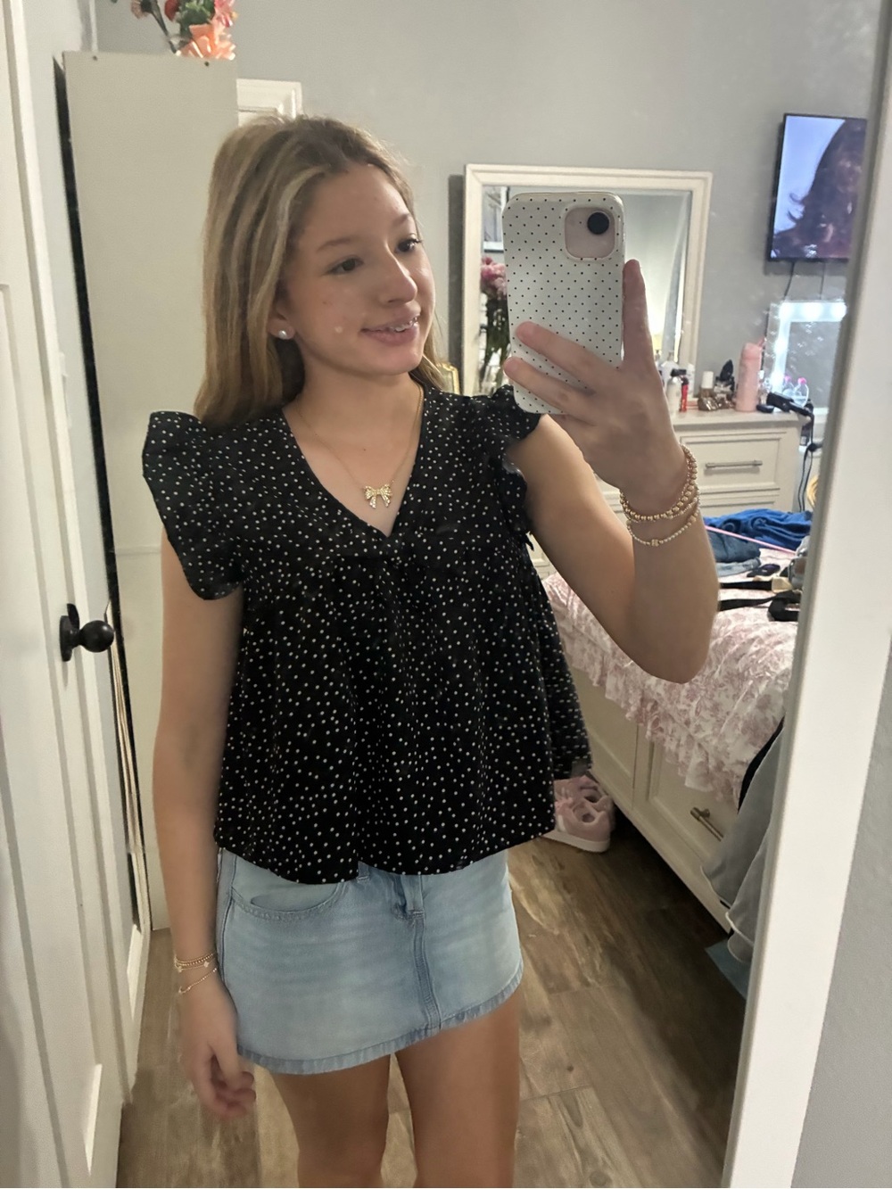 SHEIN Black Polka Dot Flutter Sleeve Top for Girls
